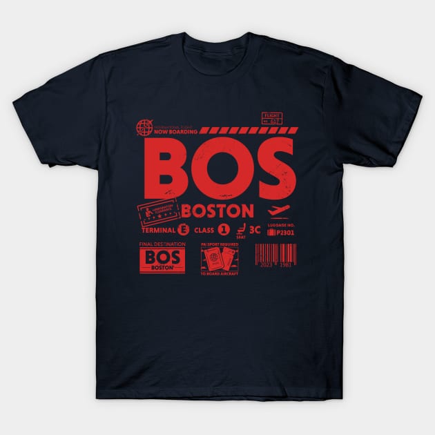 Vintage Boston BOS Airport Code Travel Day Retro Travel Tag T-Shirt by Now Boarding